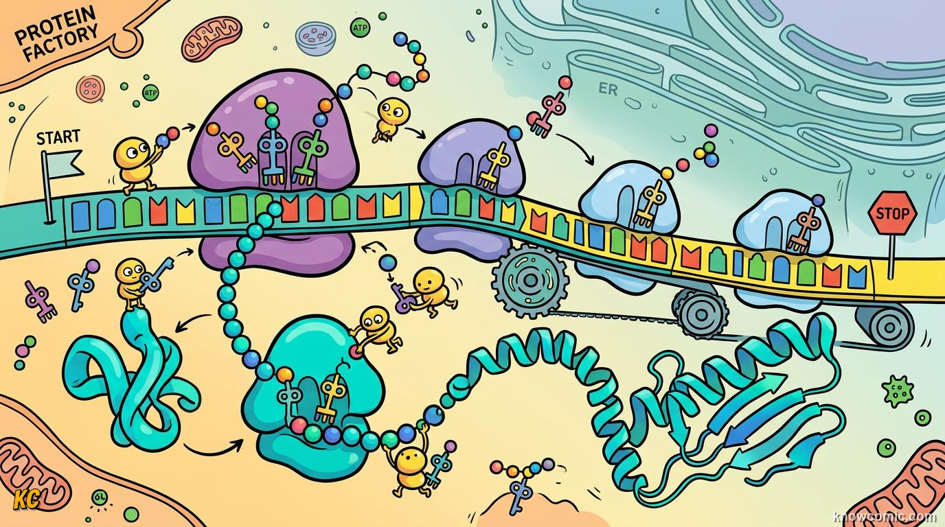 Comic panel about ribosomes: factory: The Hook, educational kids illustration