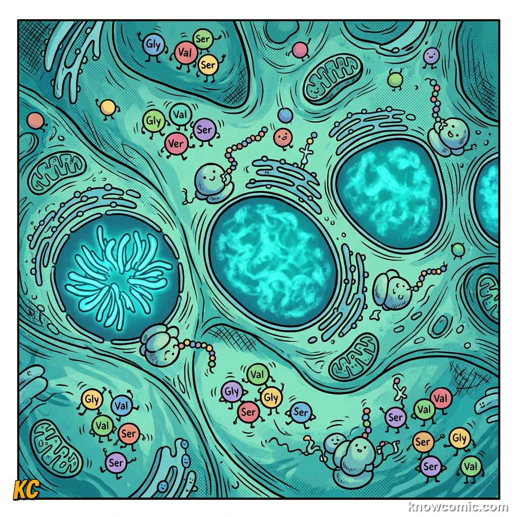 Comic panel about ribosomes: factory: Output, educational kids illustration