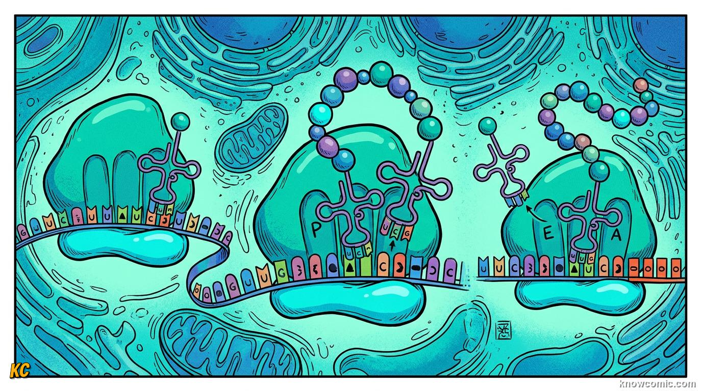Comic panel about ribosomes: factory: Translation, educational kids illustration