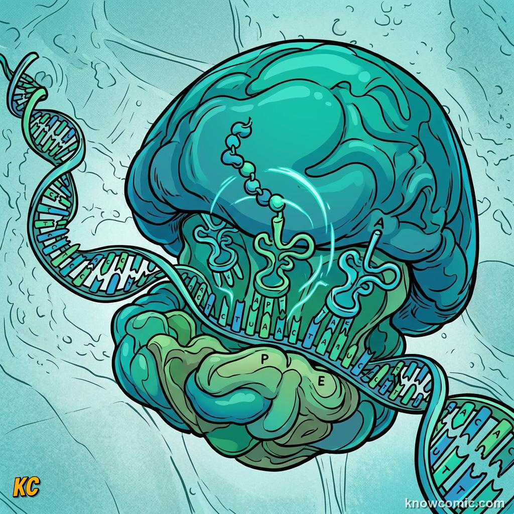 Comic panel about ribosomes: factory: From Mrna To Protein, Codons, educational kids illustration