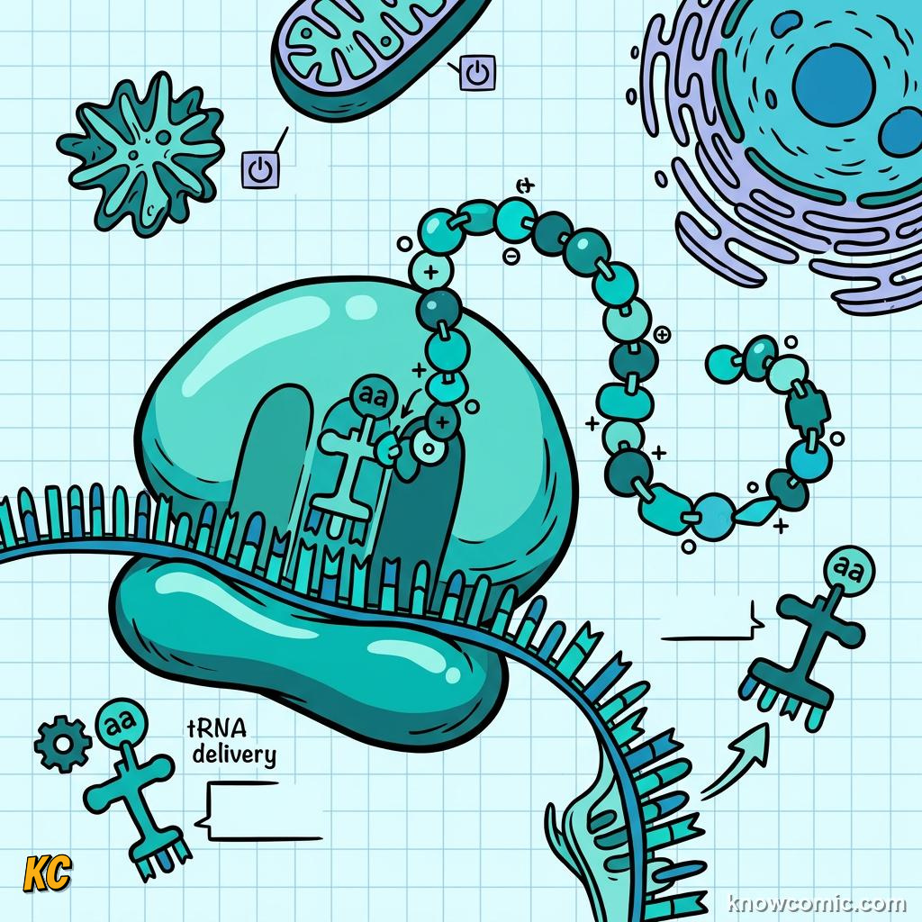 Comic panel about ribosomes: factory: Trna, educational kids illustration