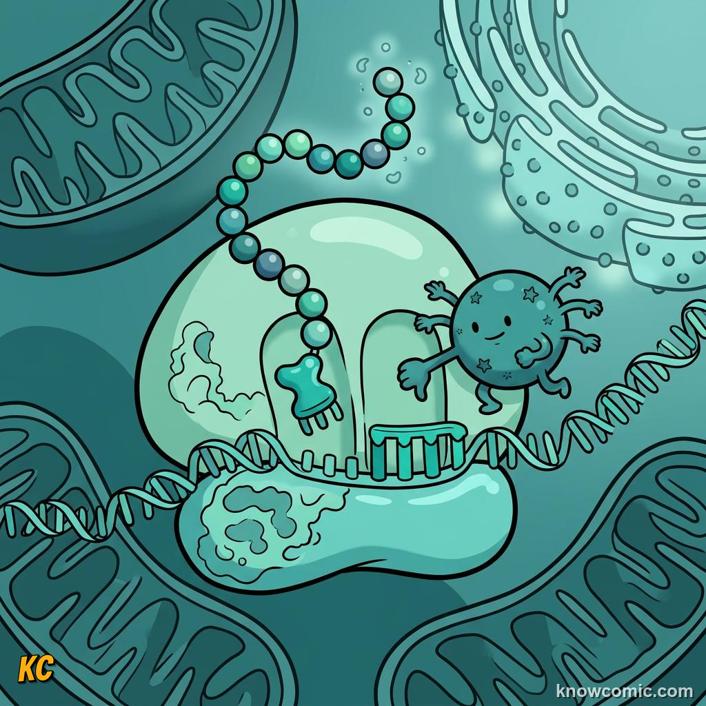 Comic panel about ribosomes: factory: Chain, educational kids illustration