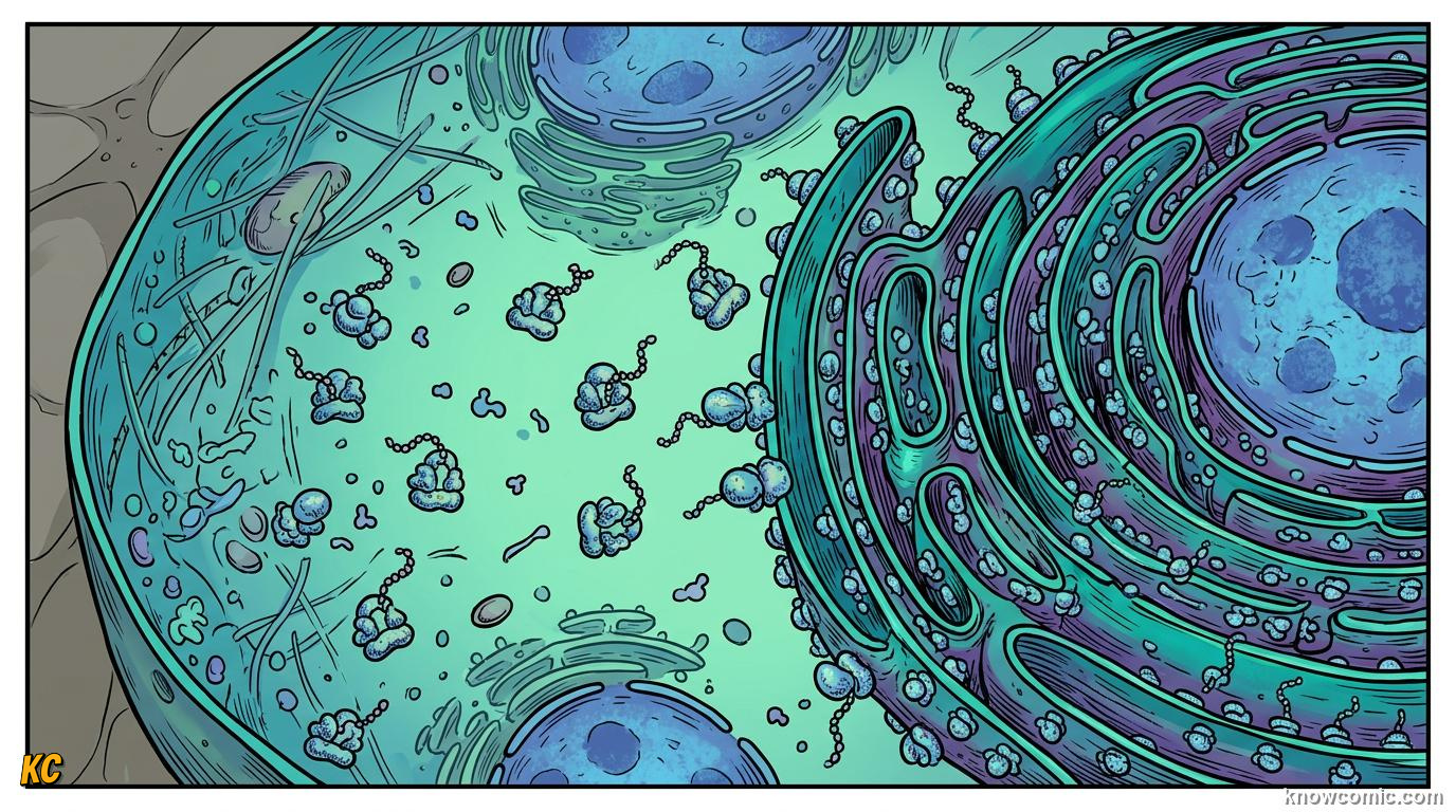 Comic panel about ribosomes: factory: Two Locations, educational kids illustration