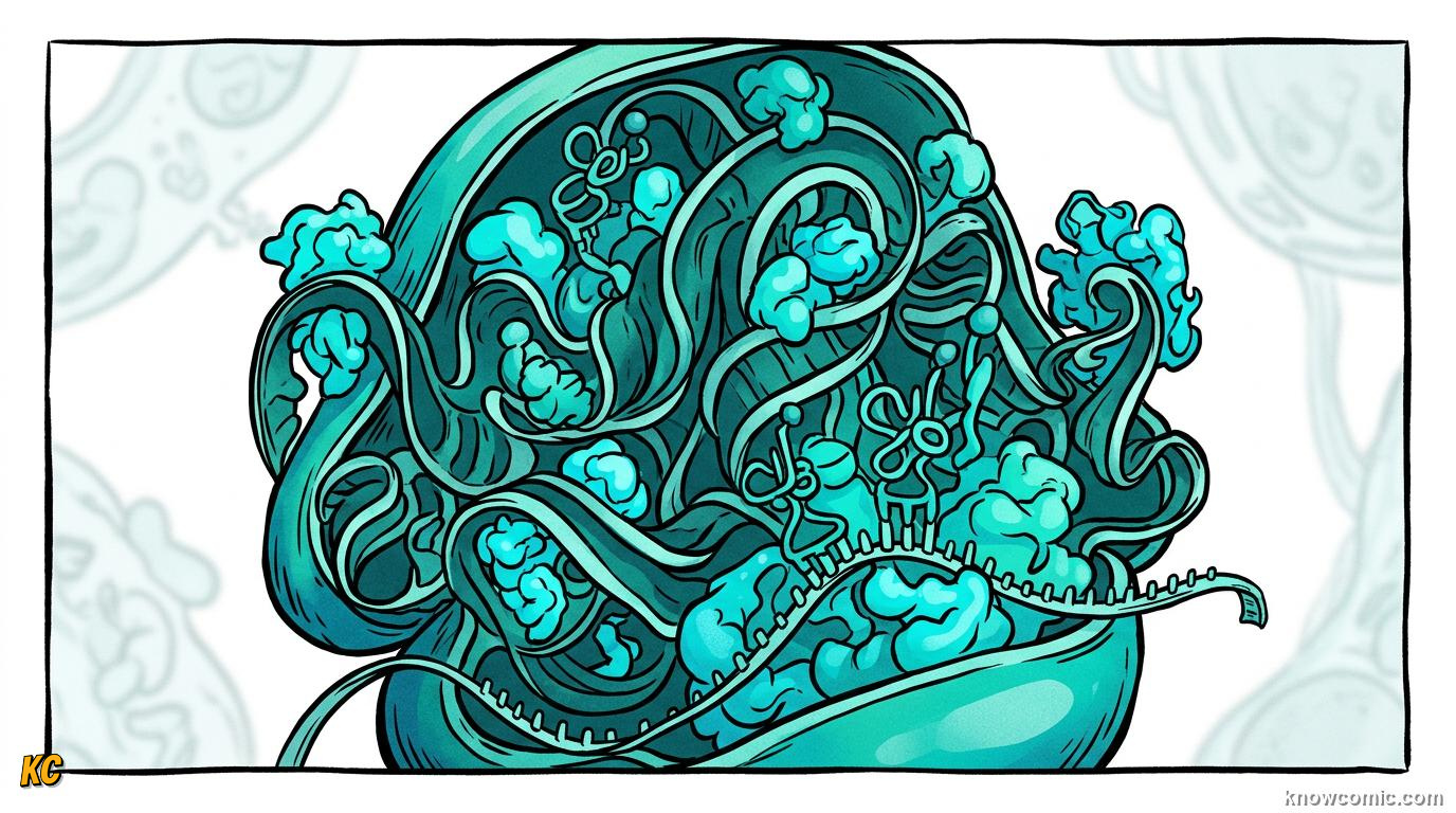 Comic panel about ribosomes: factory: Free Or Attached, Structure, educational kids illustration