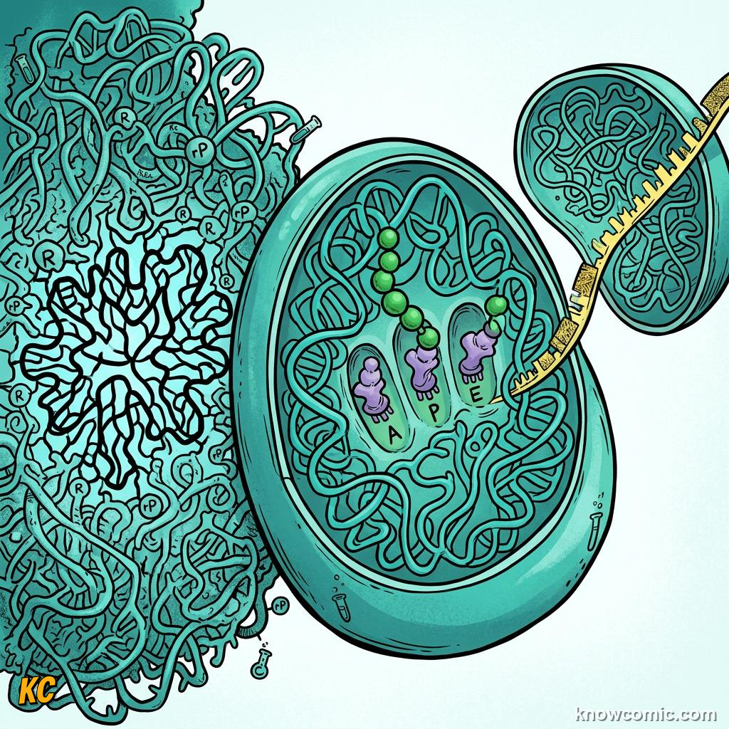 Comic panel about ribosomes: factory: Built From Rna And Protein, Subunits, educational kids illustration