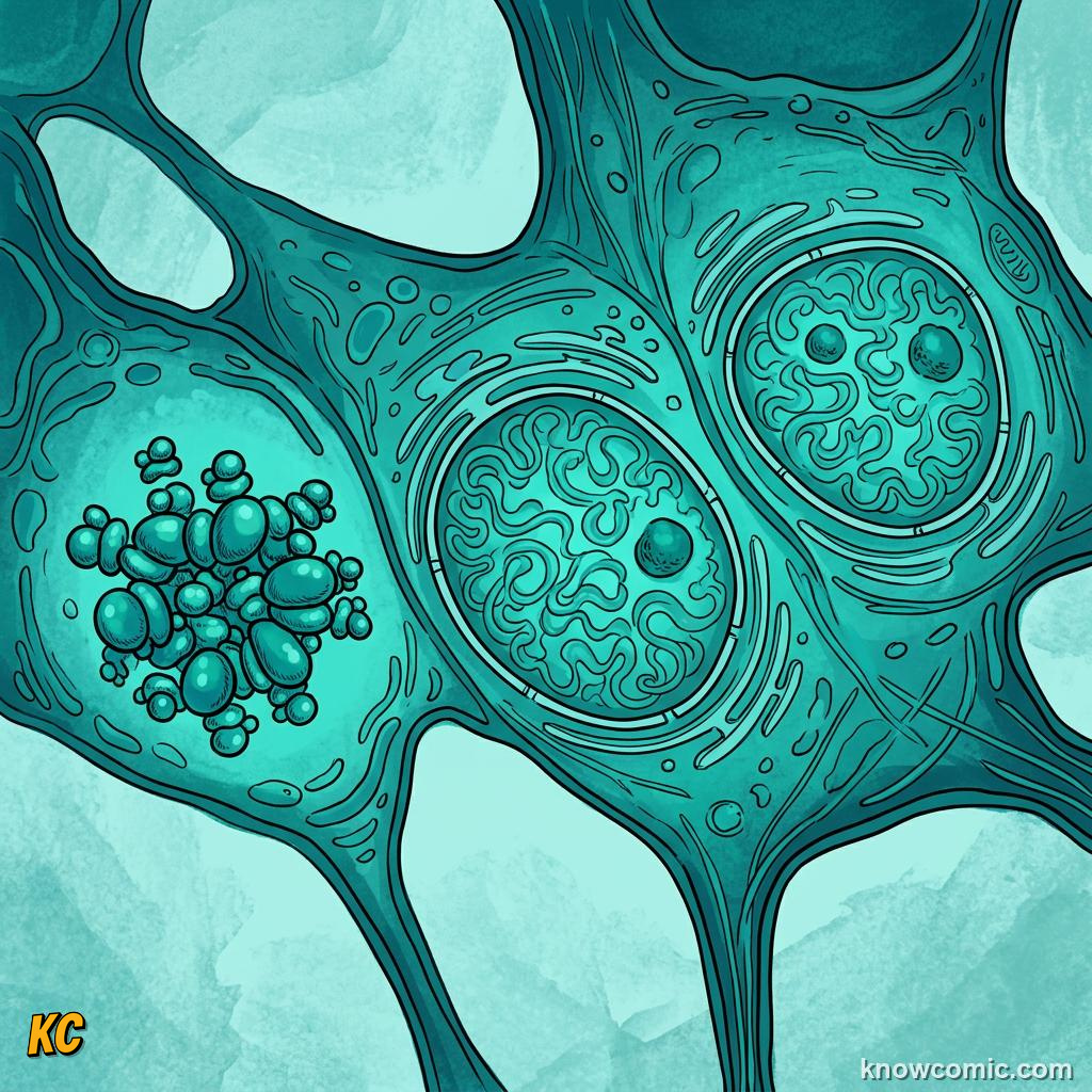 Comic panel about ribosomes: factory: Rrna, educational kids illustration