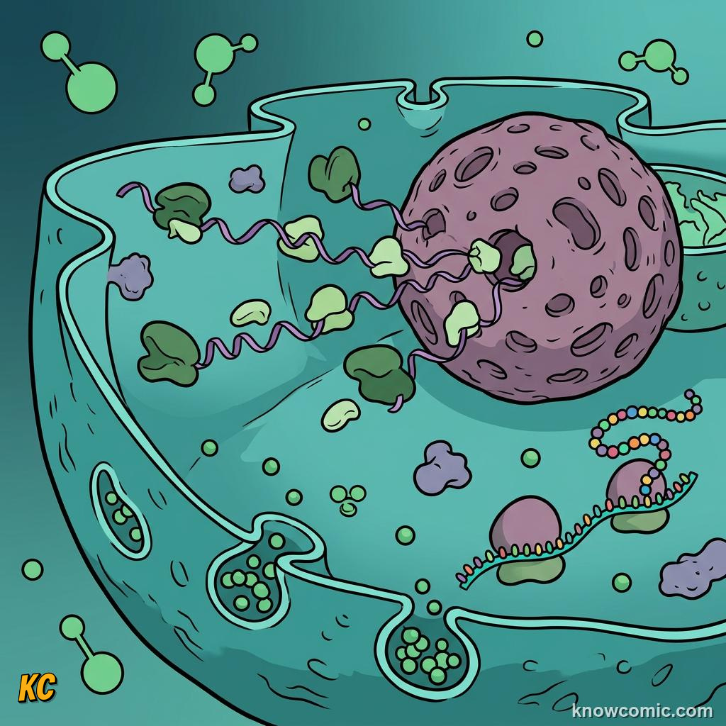 Comic panel about ribosomes: factory: Nucleolus, educational kids illustration