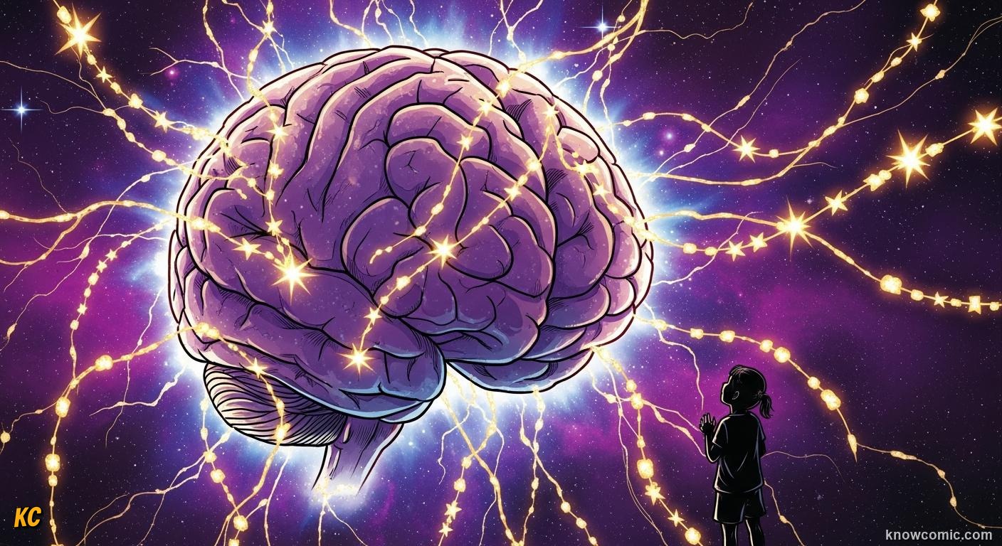 Comic book illustration of a glowing human brain with neural connections firing — KnowComic article on child brain development and neuroplasticity