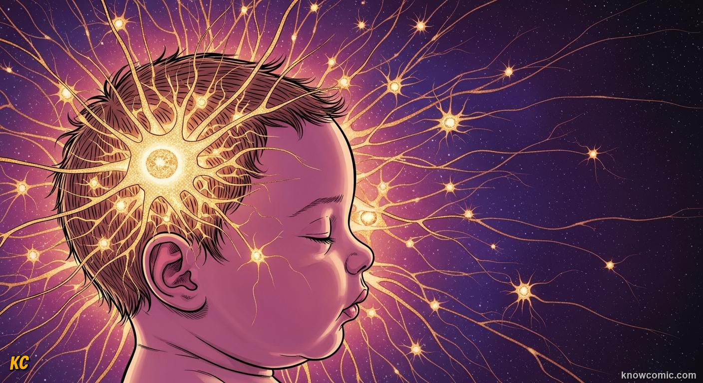 Comic book illustration of 100 billion glowing neurons in a newborn baby's brain — child brain development neuroscience