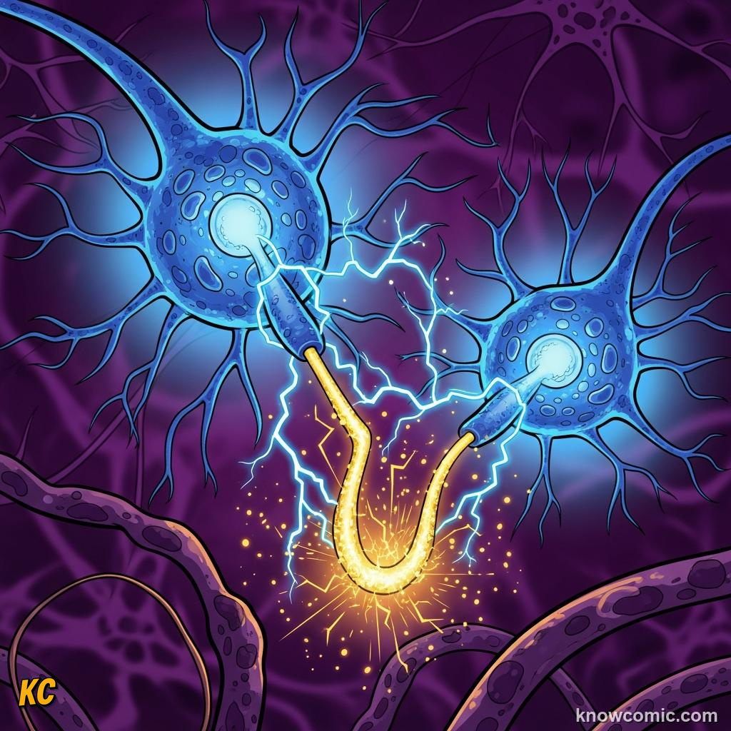 Comic illustration of two neurons firing together and wiring — Hebb's rule neurons that fire together wire together