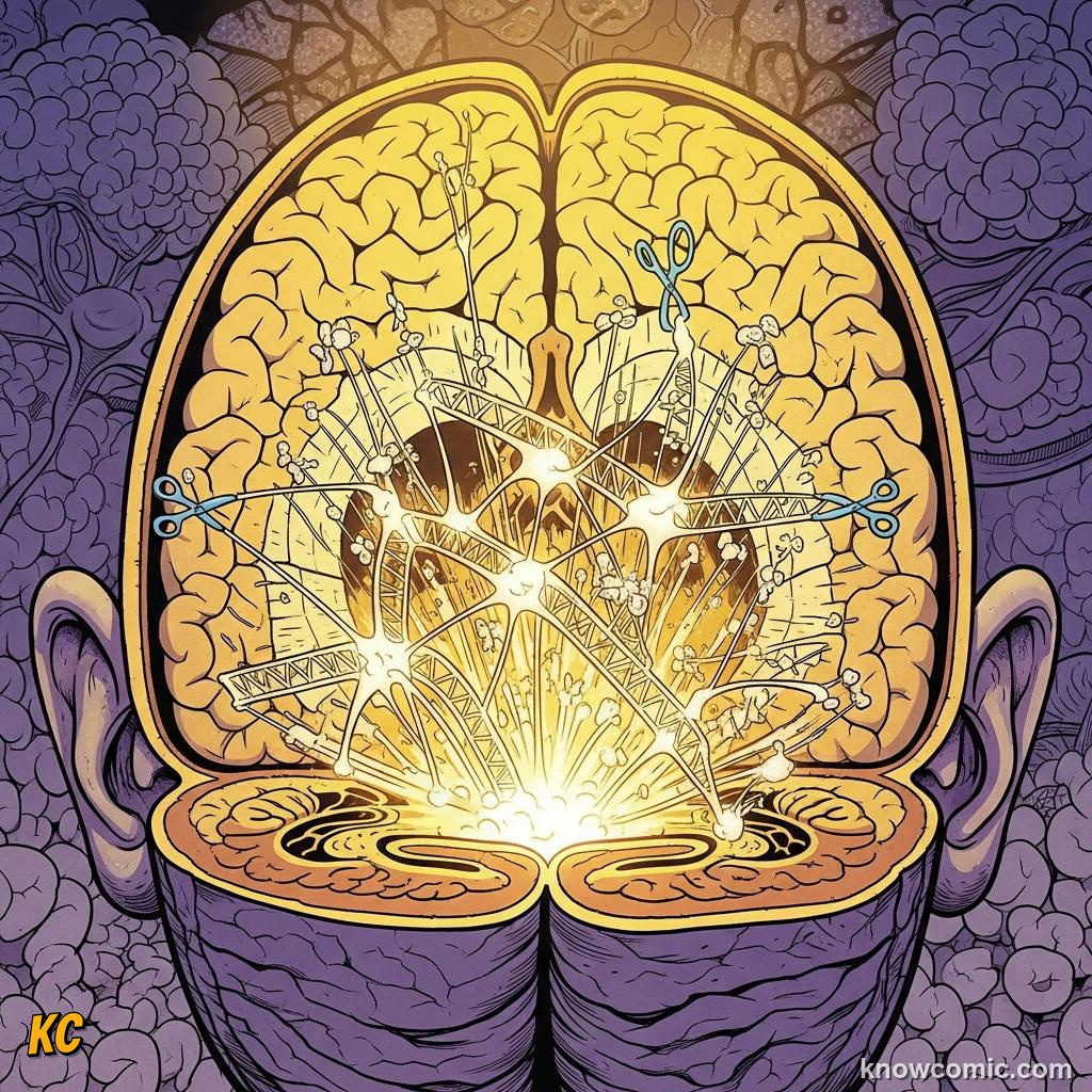 Comic illustration of synaptic connections forming and pruning in a child's brain — synaptogenesis in early childhood