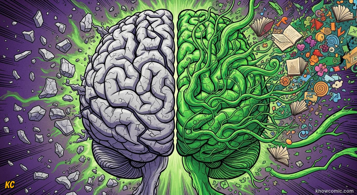 Comic book illustration of neuroplasticity — a human brain physically rewiring and restructuring itself through learning and experience