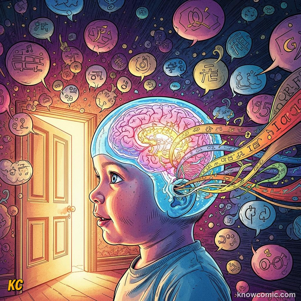 Comic illustration of a toddler's language learning window — critical period for language acquisition birth to age 7