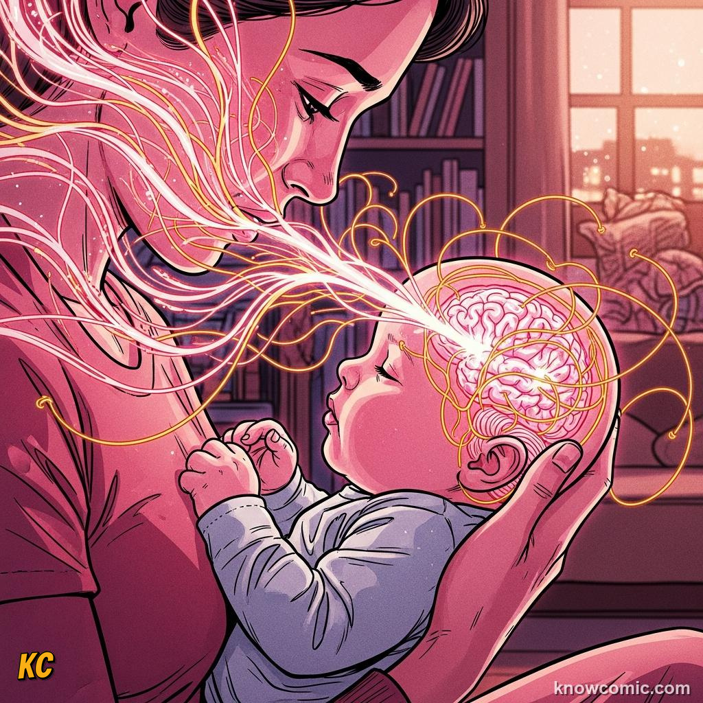 Comic illustration of parent-infant emotional bonding strengthening the prefrontal cortex — emotional development window ages 0 to 3
