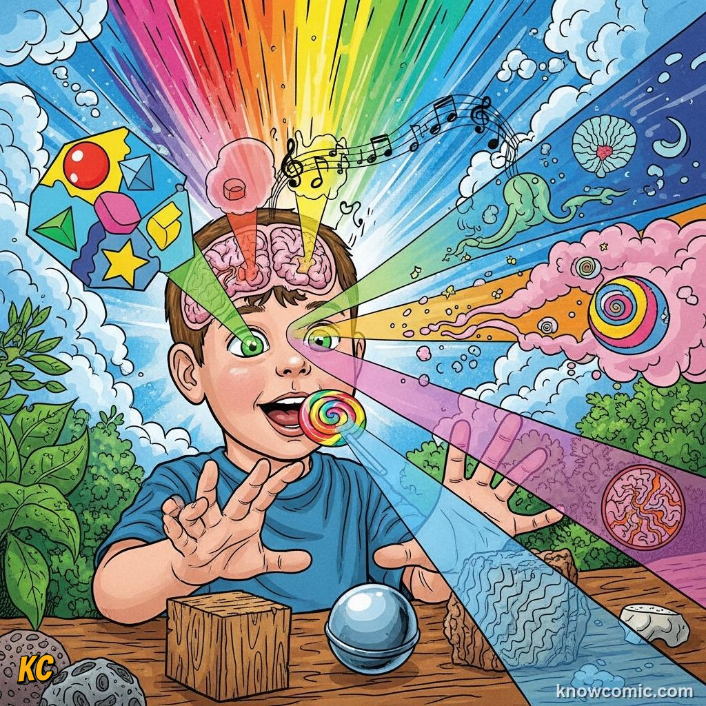 Comic illustration of a child's sensory development — visual cortex and fine motor skill critical windows in early childhood