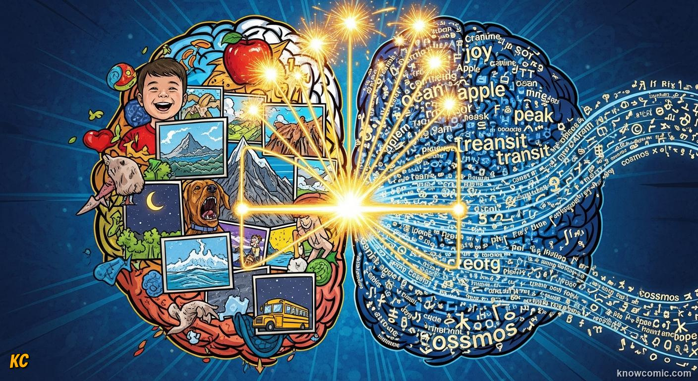 Comic book illustration of dual coding theory — images and words processed in two brain channels for 65% better memory recall
