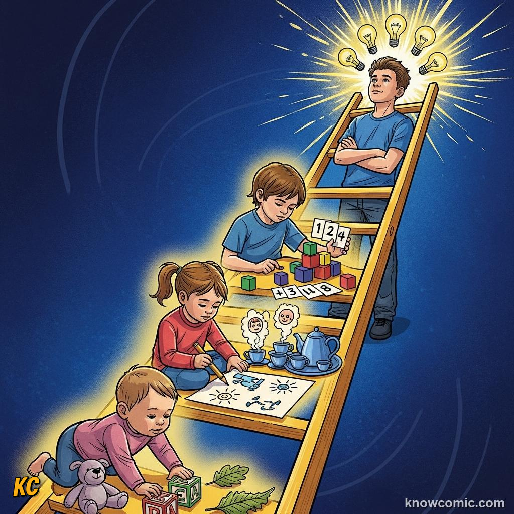 Comic illustration of Piaget's four stages of cognitive development — sensorimotor preoperational concrete formal operations