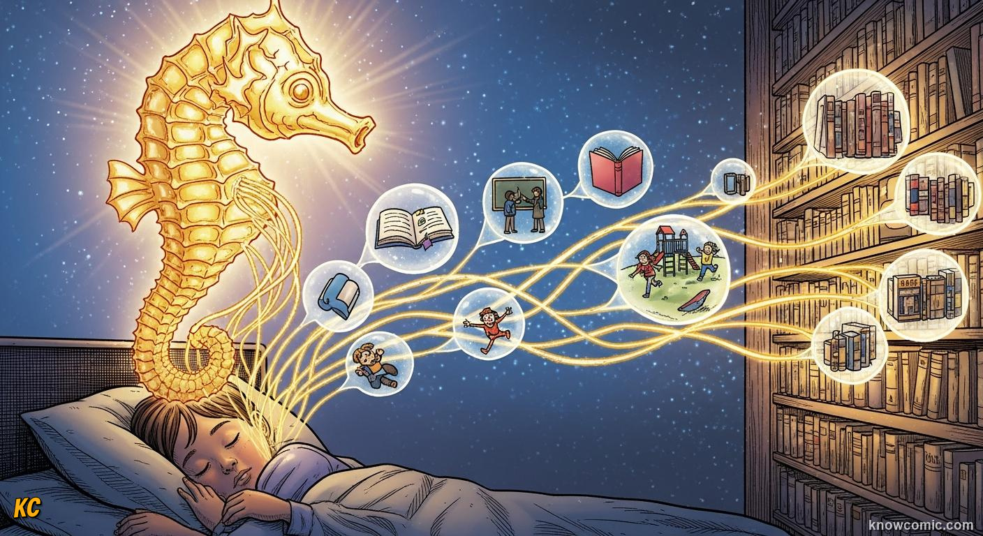 Comic book illustration of sleep memory consolidation — hippocampus transferring daily learning to long-term cortex storage during deep sleep