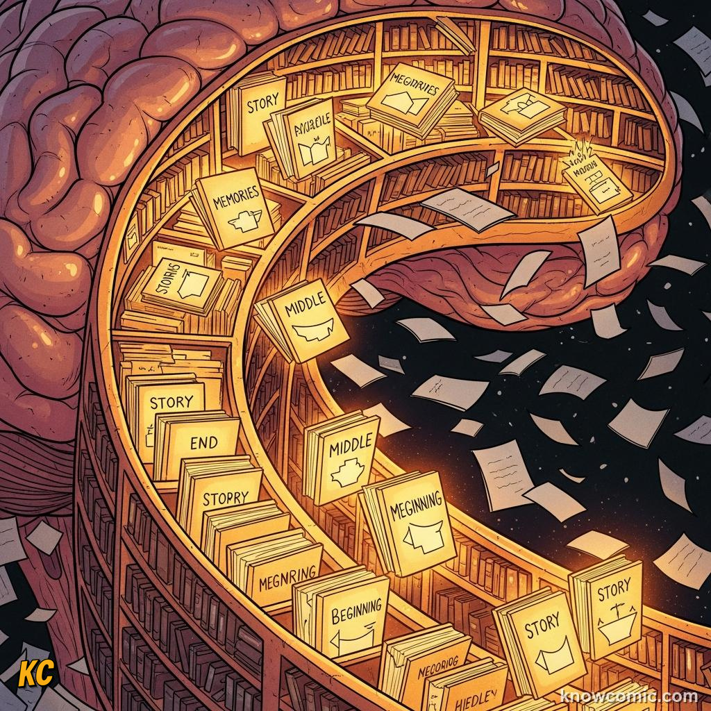 Comic illustration of story structure as the brain's native memory format — facts in stories are 22 times more memorable