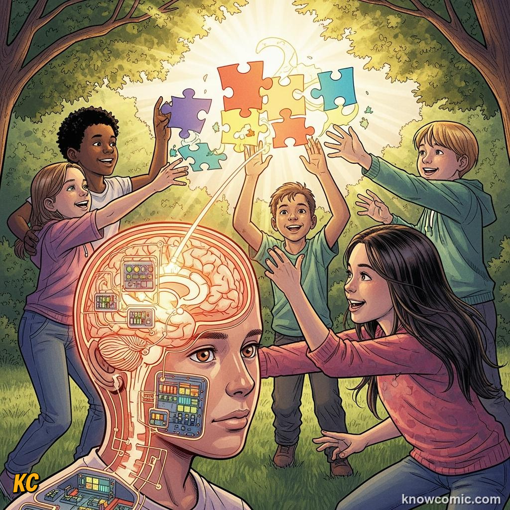 Comic illustration of children playing together activating the prefrontal cortex — unstructured play builds executive function and learning pathways