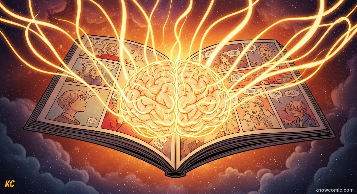 Comic book illustration of an open comic page transforming into a child's glowing brain — KnowComic article on why comics work and the science of visual learning