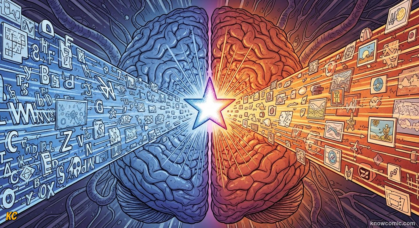 Comic book illustration of the brain processing a word and a picture through two separate channels at the same time — Dual Coding Theory