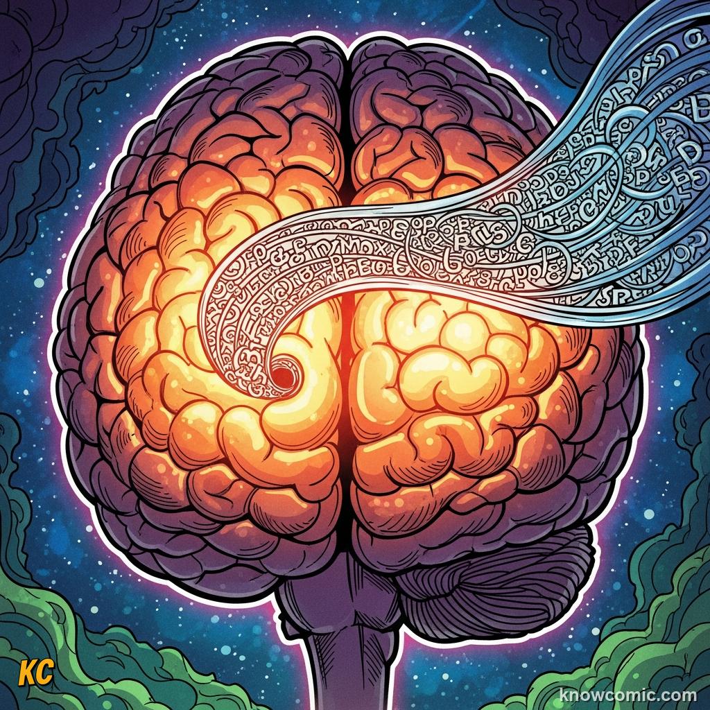 Comic illustration of the brain's language center processing written words and sounds — the verbal memory channel