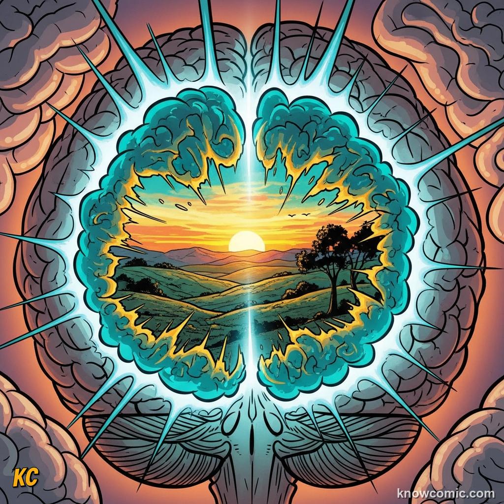 Comic illustration of the brain's visual cortex processing a whole picture at once — the visual memory channel