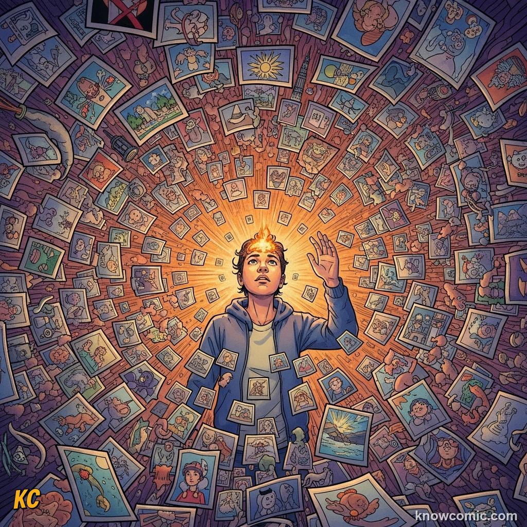 Comic illustration of a person recognizing thousands of pictures they saw earlier — Standing's 1973 memory study