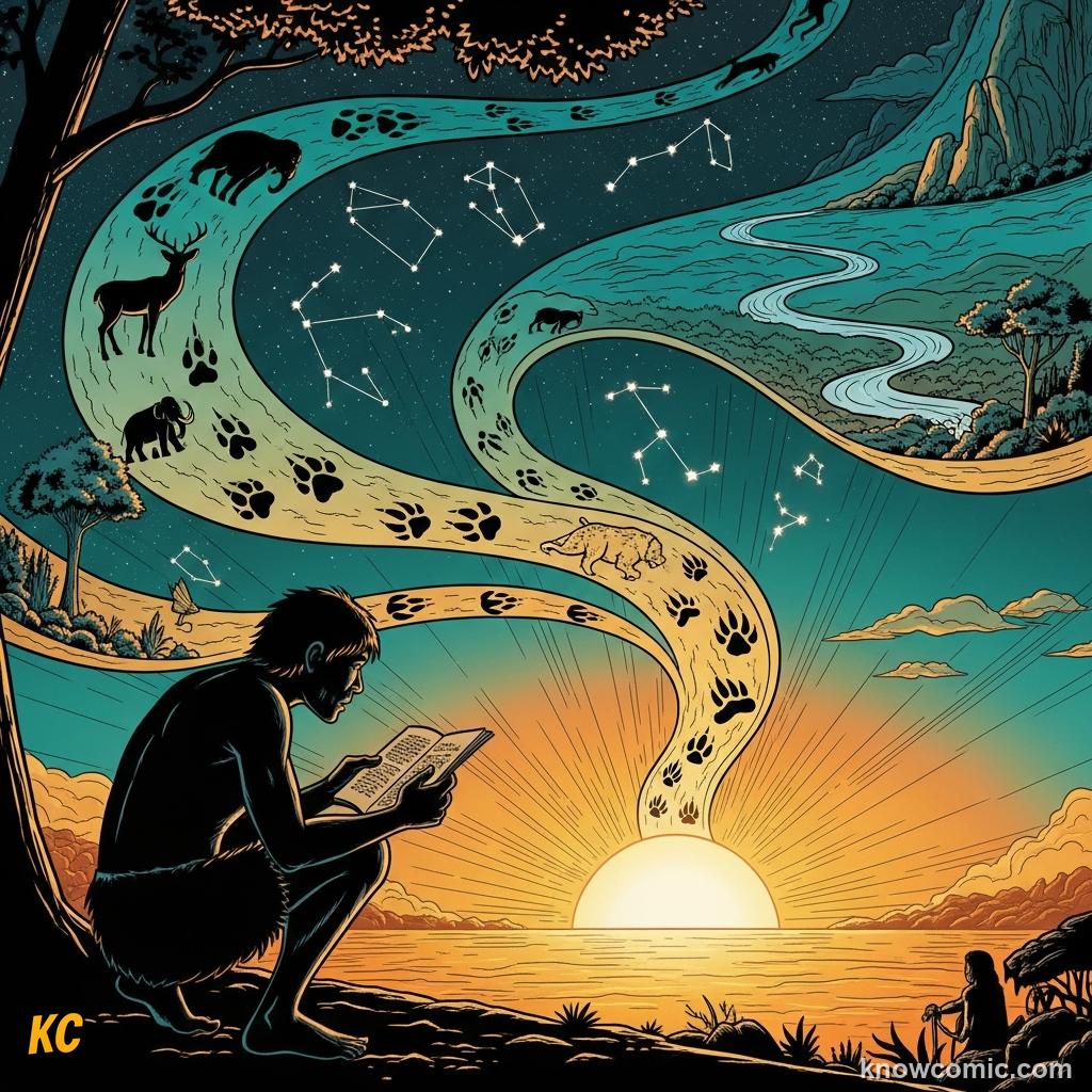 Comic illustration of early humans reading a visual world of tracks and skies long before writing existed
