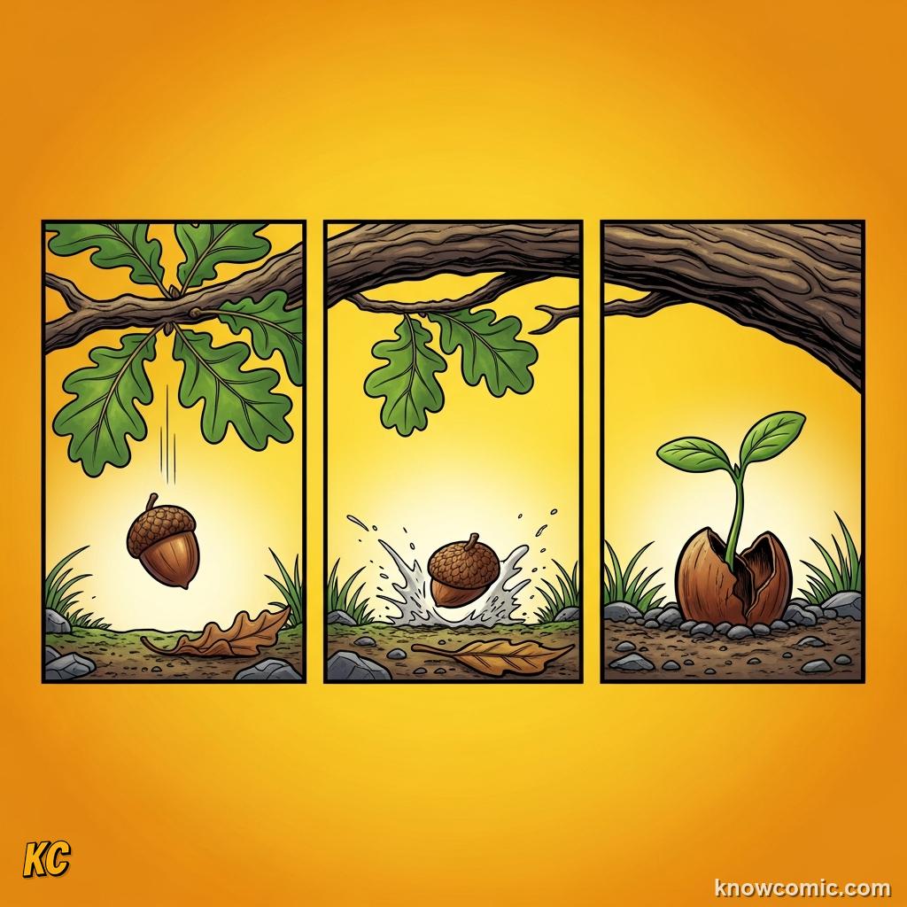 Comic illustration of a sequence of panels showing an action unfolding step by step across a page