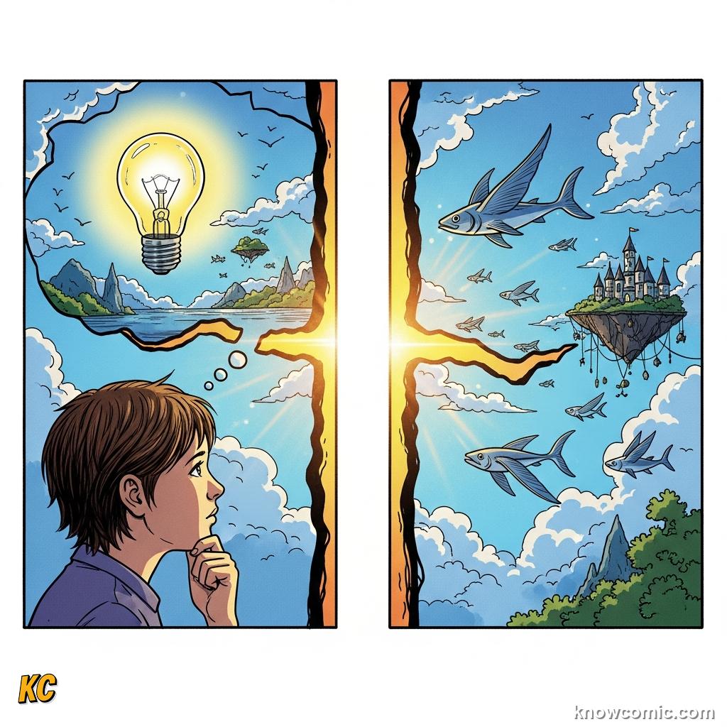 Comic illustration of a reader's mind filling the gap between two panels — the concept of closure in comics