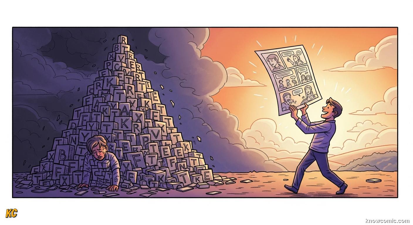 Comic book illustration of a comic page lightening the mental load of a learner compared to a heavy block of text — cognitive load theory