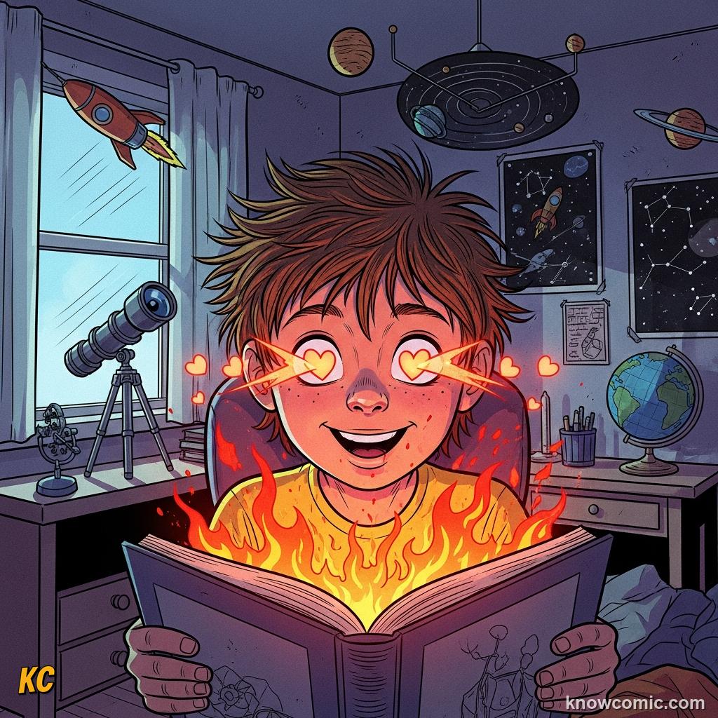 Comic illustration of an excited child emotionally hooked by a comic character — emotion strengthens memory