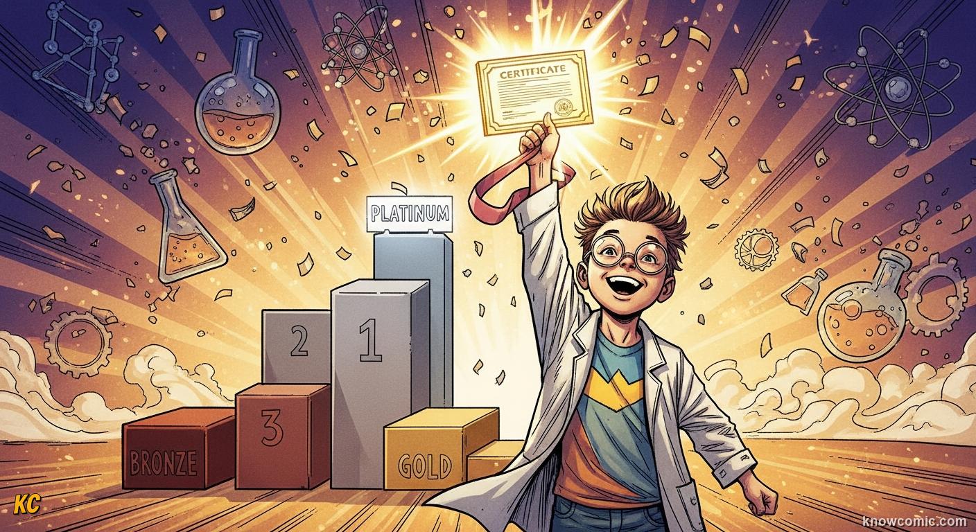 Comic book illustration of a proud child holding a glowing golden certificate medal — KnowComic article on how subject certificates help kids learn