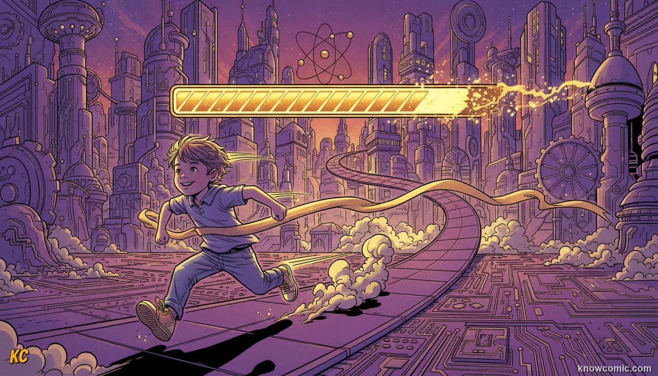 Comic book illustration of a child running faster toward a glowing finish line as a progress bar fills up, showing the goal gradient effect