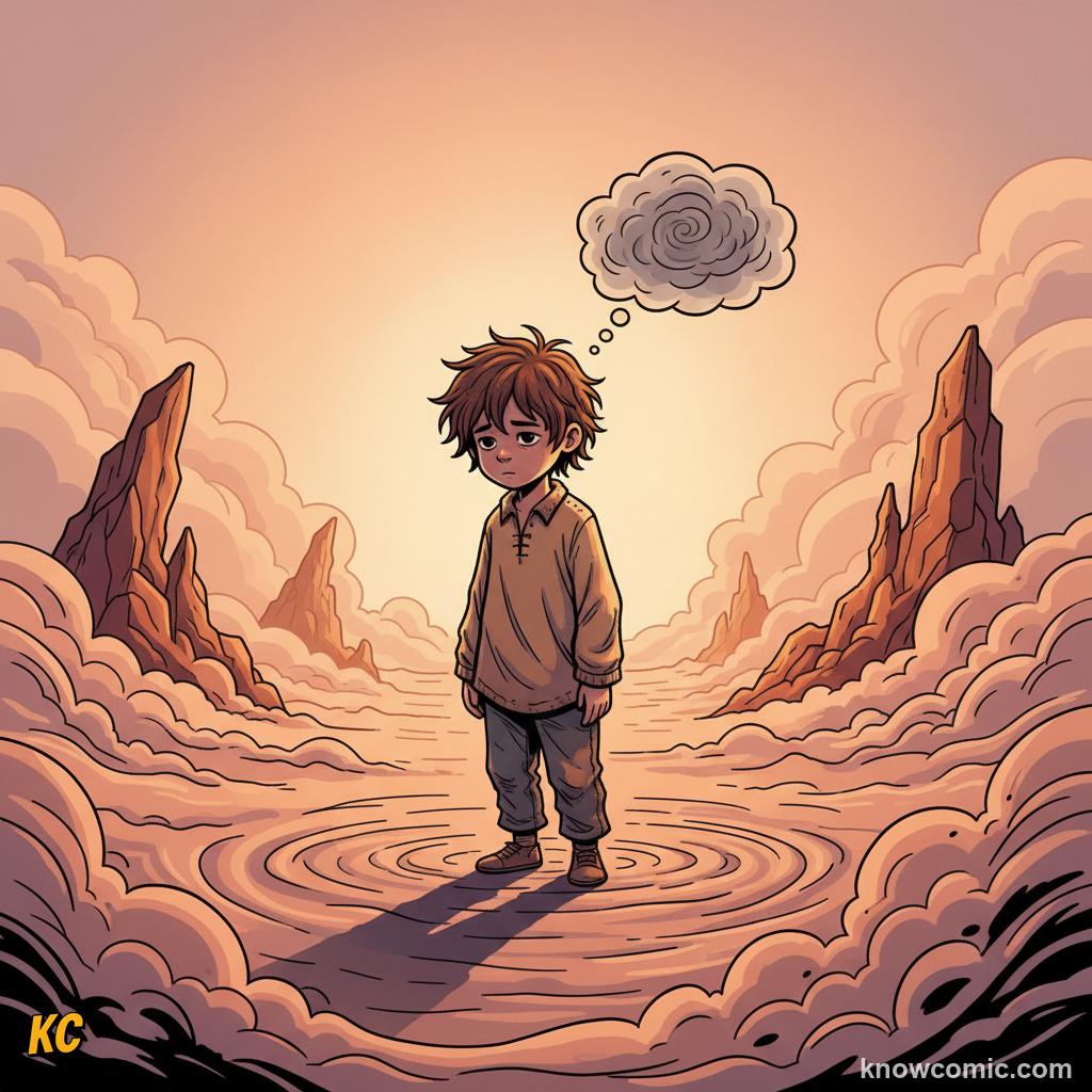 Comic illustration of a child looking lost and unmotivated with no clear learning goal in sight