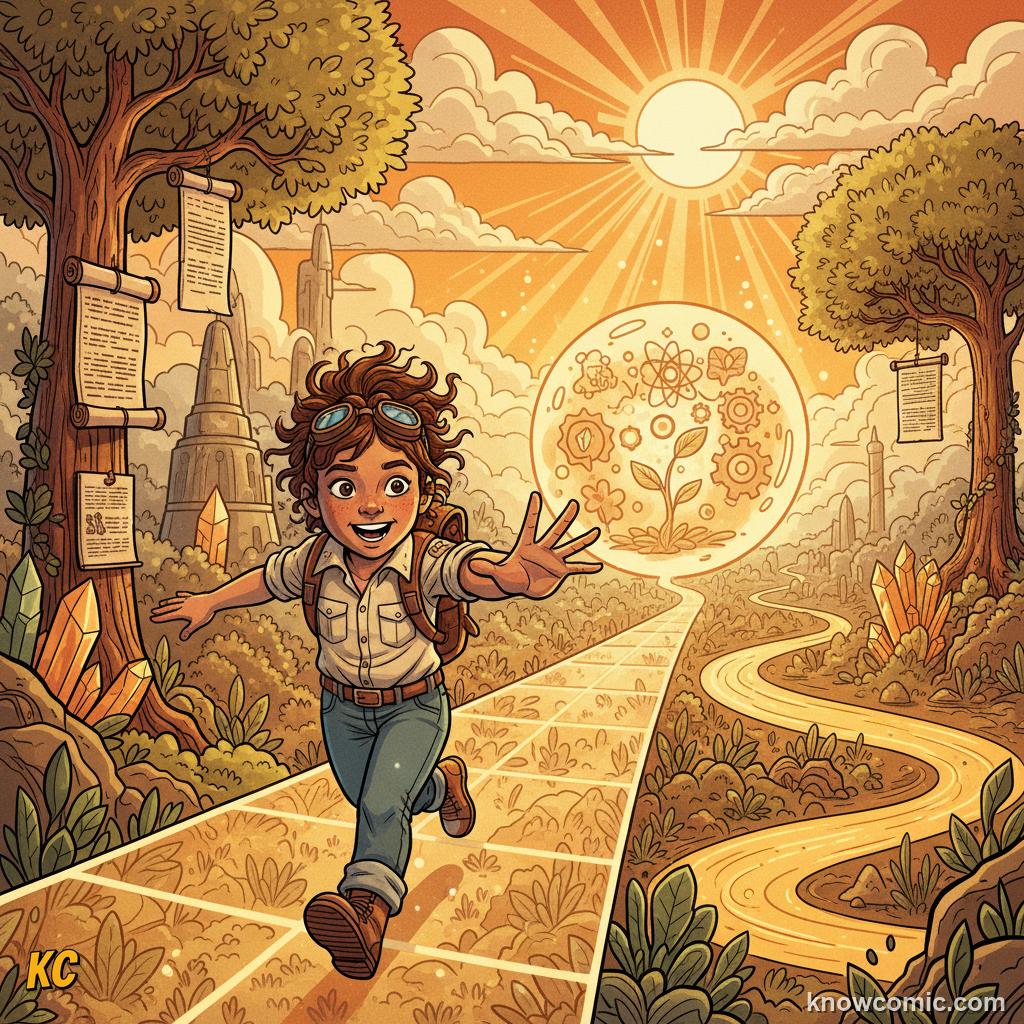 Comic illustration of a child smiling and focused while chasing a glowing certificate goal