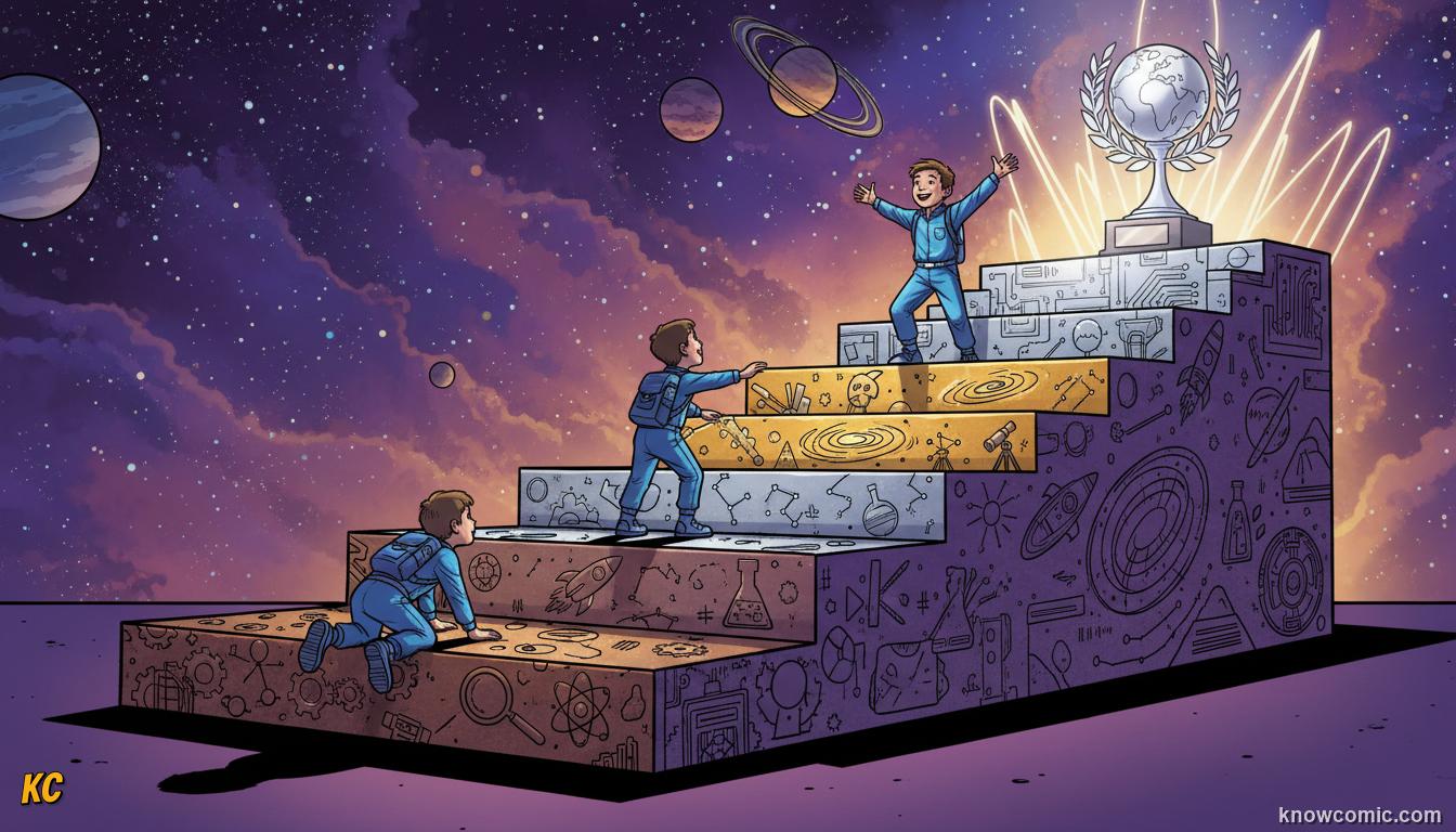 Comic book illustration of four certificate tiers as steps rising upward, bronze explorer, silver learner, gold expert and platinum master