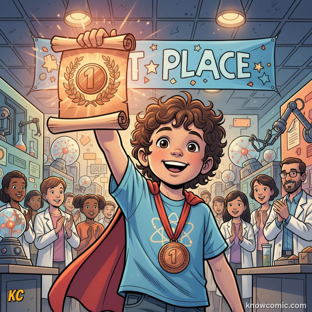 Comic illustration of a child proudly holding a bronze explorer certificate after finishing the first topics