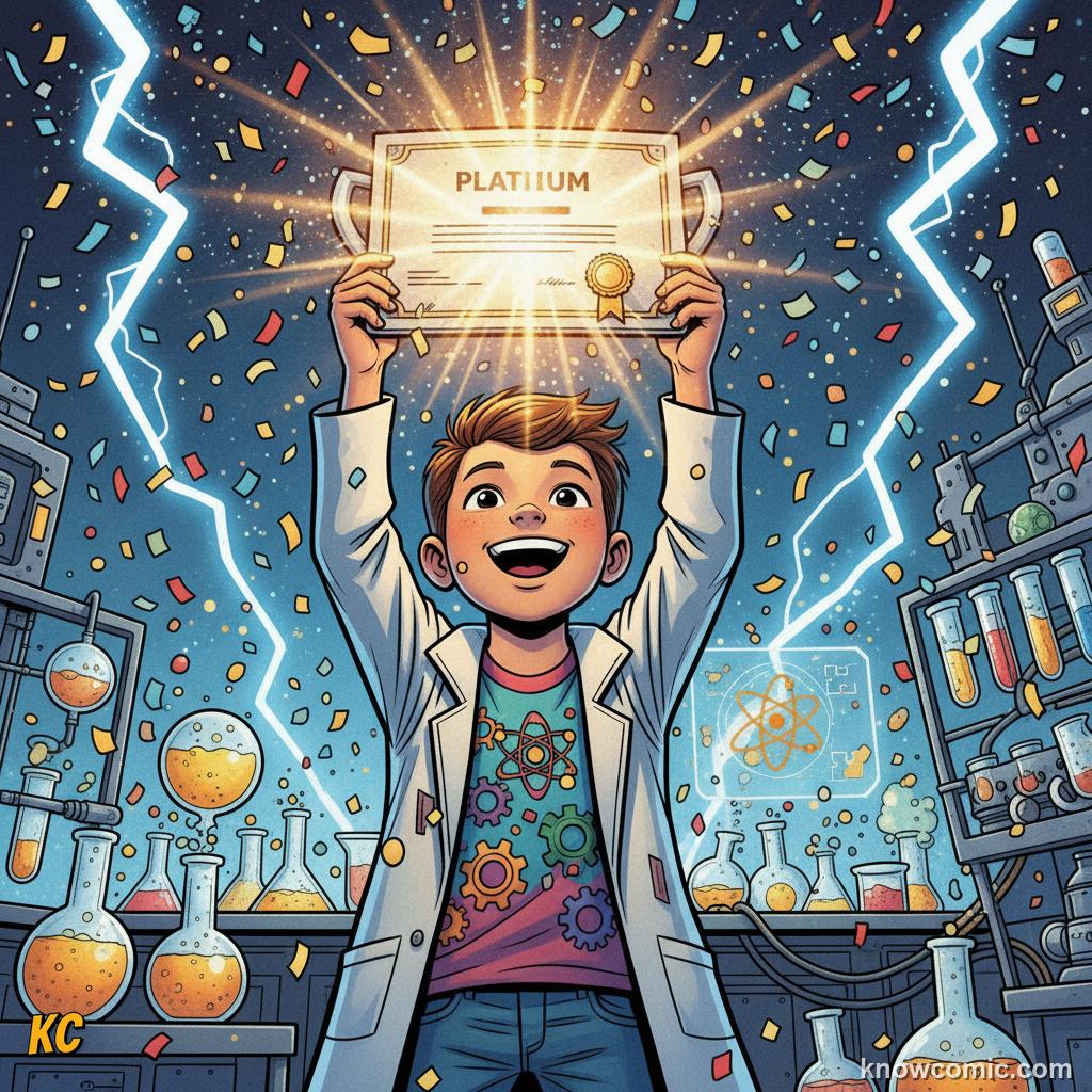 Comic illustration of a child celebrating with a platinum master certificate after completing every topic in a subject