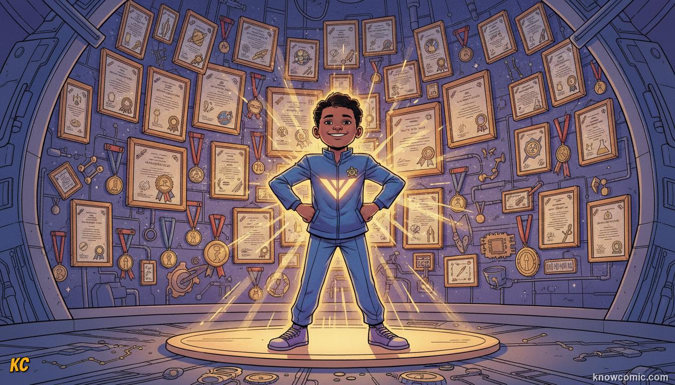 Comic book illustration of a child glowing with confidence and pride while displaying a wall of earned certificates