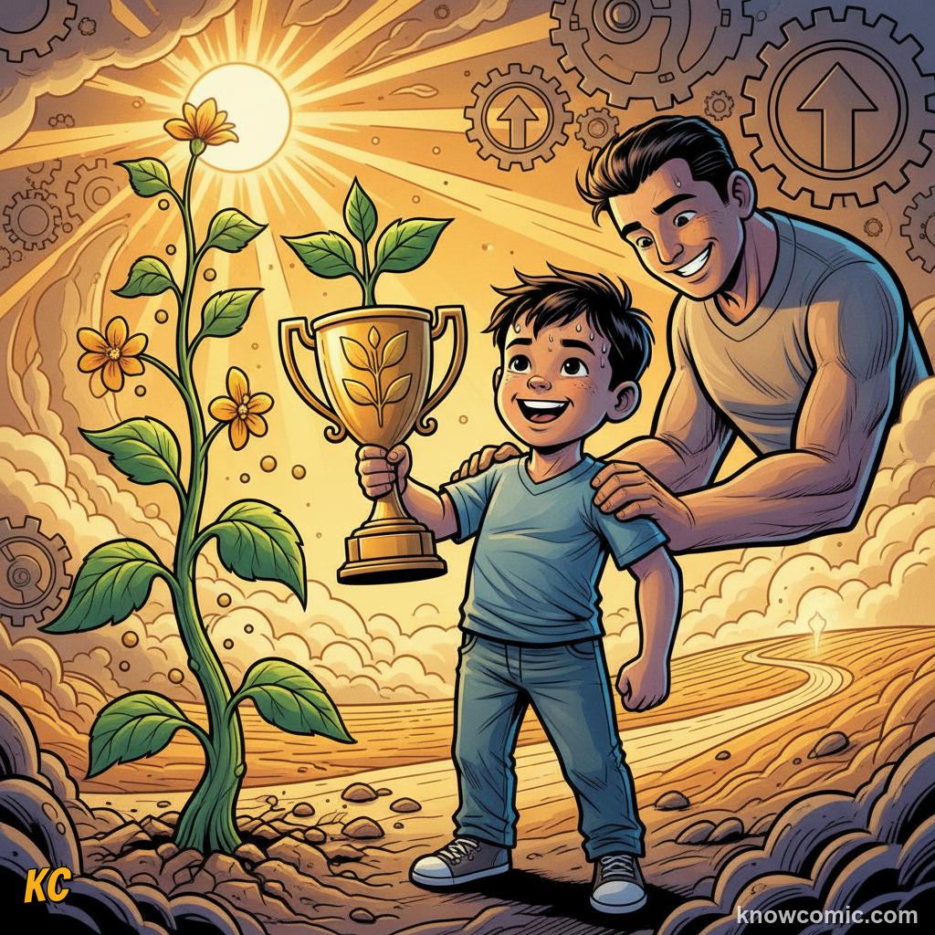 Comic illustration of a child being rewarded for finishing and trying hard rather than for being naturally gifted