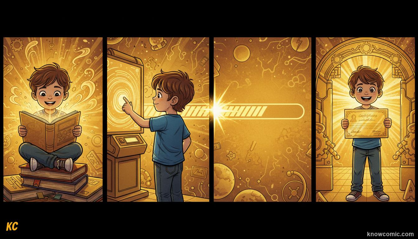 Comic book illustration showing the journey from reading a comic to taking a quiz to a printable certificate with the child's name