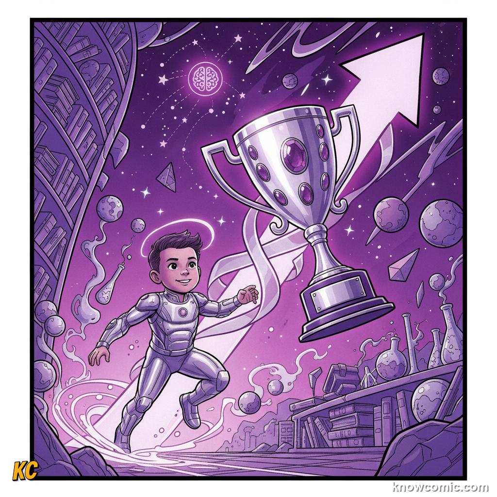 Comic illustration of a motivated child returning again and again to learn, driven by certificates on the wall