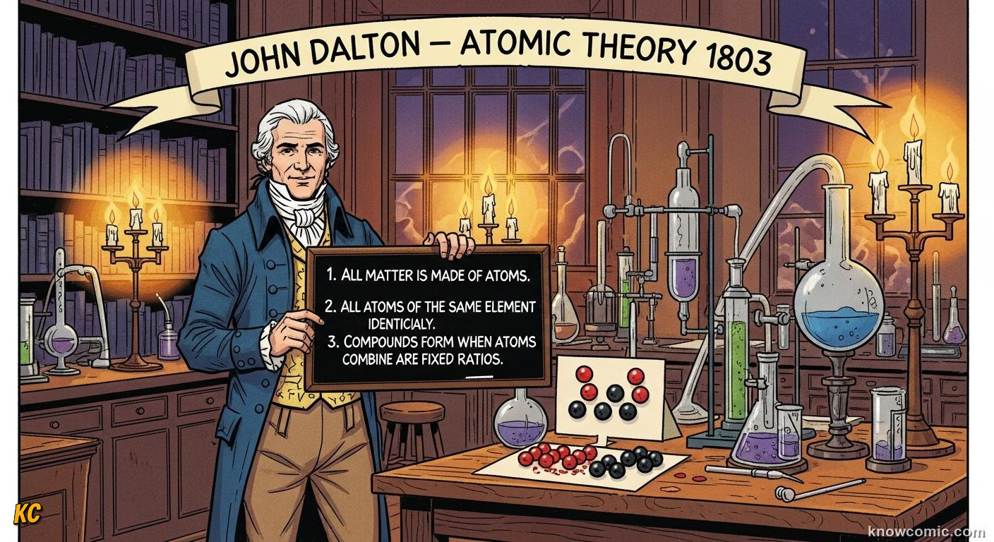 JOHN DALTON'S ATOMIC THEORY, 1803: comic illustration from Topic 01: The Atomic Idea