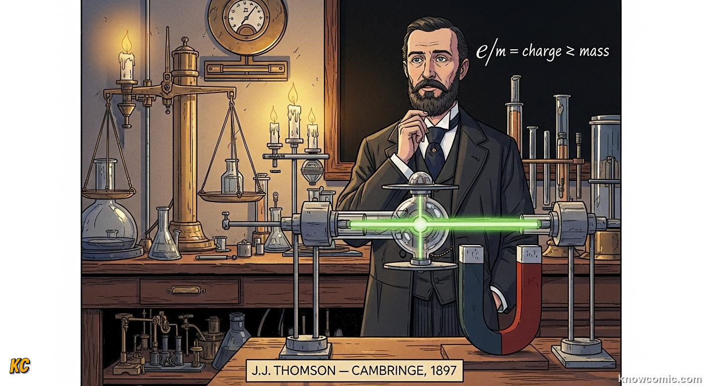 THOMSON'S EXPERIMENT, 1897: comic illustration from Topic 02: Discovering Electrons