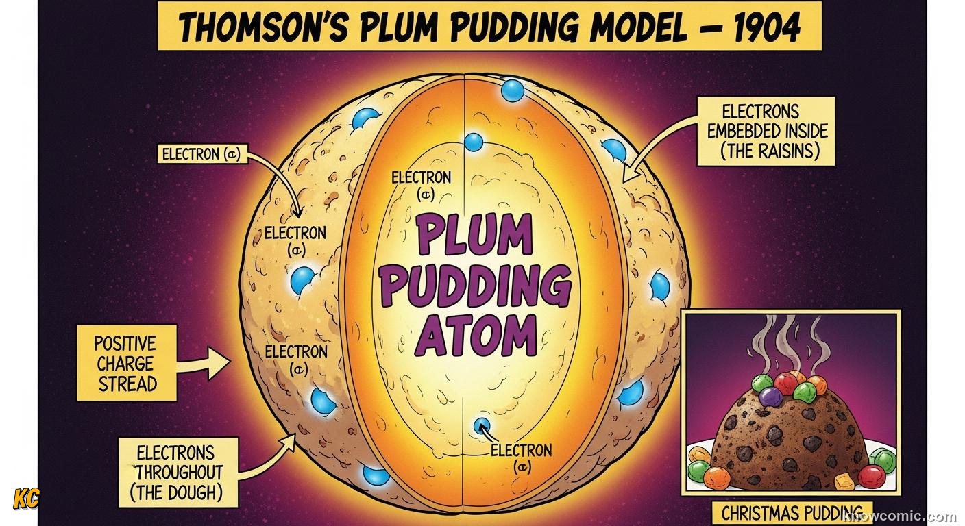 THE PLUM PUDDING MODEL: comic illustration from Topic 02: Discovering Electrons