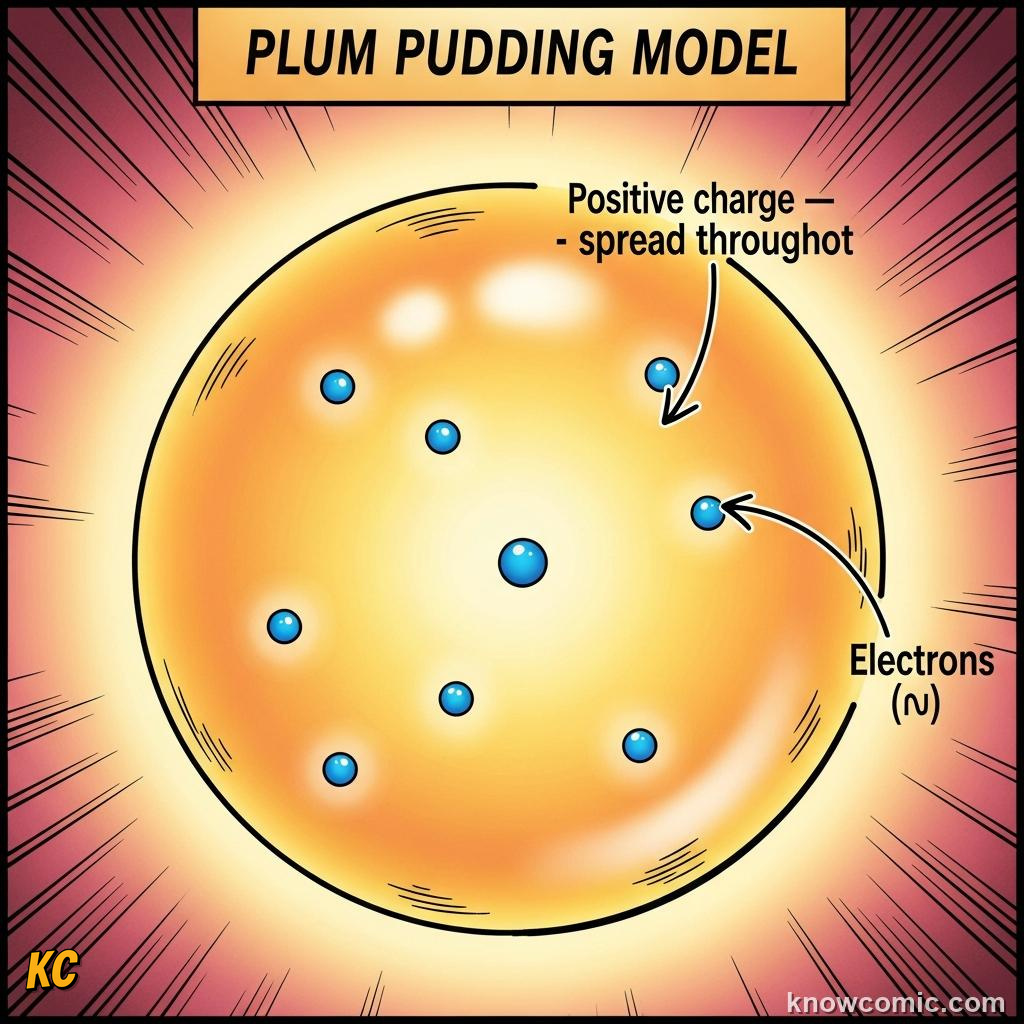 THE PLUM PUDDING MODEL: comic illustration from Topic 02: Discovering Electrons
