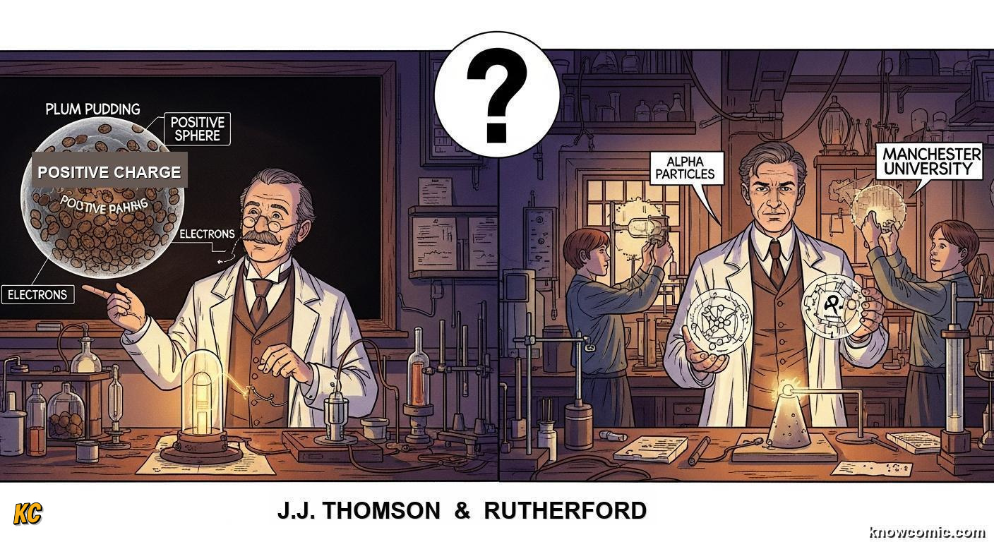 A PUZZLE THE PLUM PUDDING COULDN'T SOLVE: comic illustration from Topic 03: The Nuclear Atom